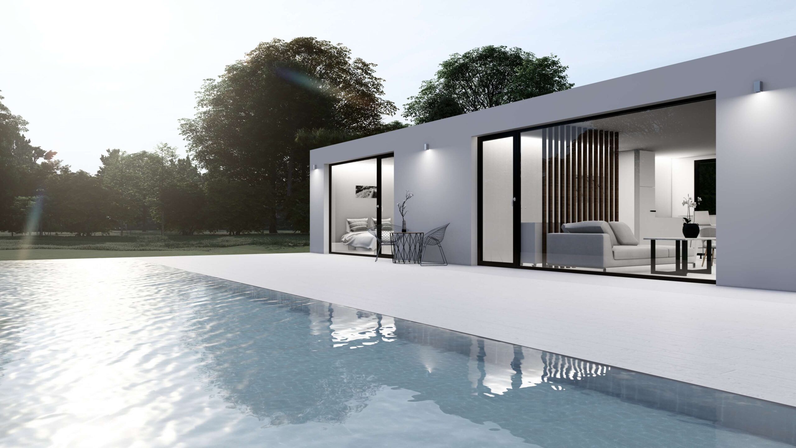 Render del Ebro de The Corten Company: casa contenedor blanca de una planta, con grandes cristaleras abiertas a una terraza con piscina