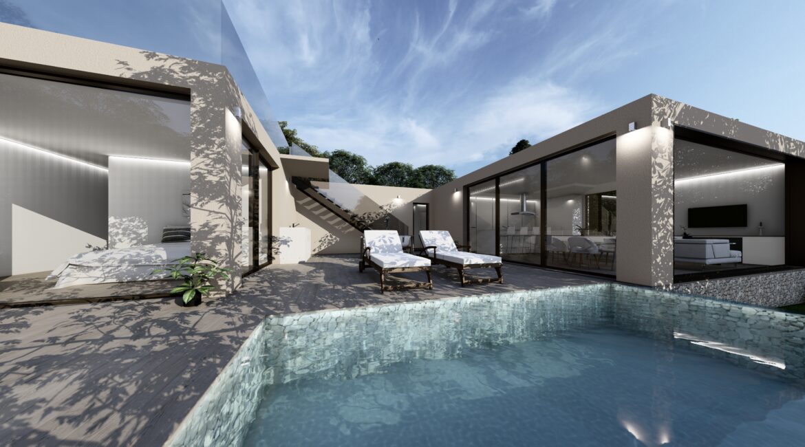 Casa contenedor en U con piscina